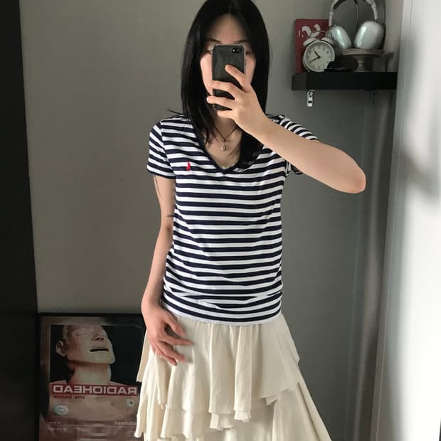 폴로 랄프로렌 포니로고 스트라이프 브이넥 반팔티