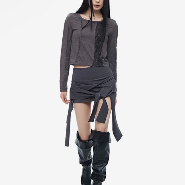 하프데빌어스 스트라이프 트위스트 랩 스커트_챠콜