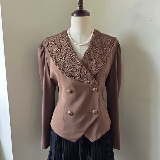 카키 브라운 레이스 빅카라 더블 자켓