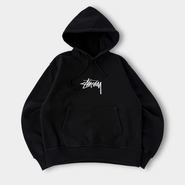 스투시 루즈핏 미드 스탁로고 블랙 스웻 후드
