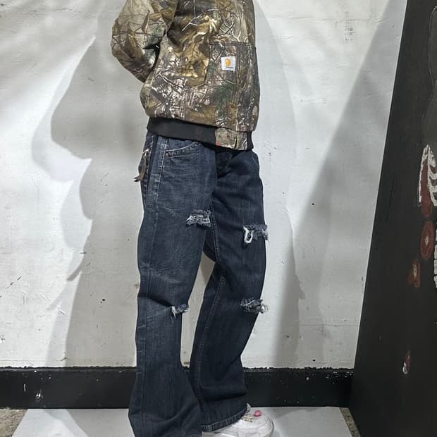 아르마니 진청 알마니 진스 데미지 워싱 와이드 데님 팬츠 청바지 32