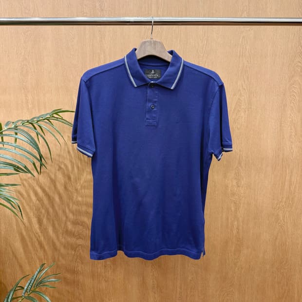 랑방 컬렉션 반팔 카라티 로고 자수 배색 라인 디테일 블루