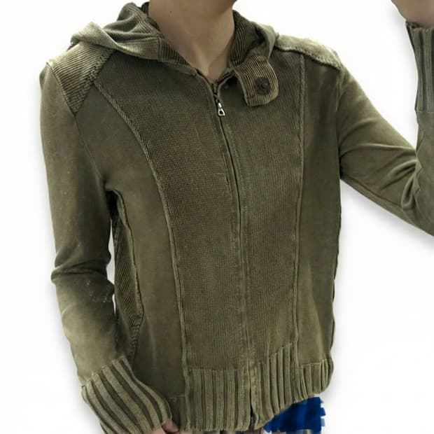 [~2.12]빈티지  워싱  버튼 투웨이 카키 후드집업