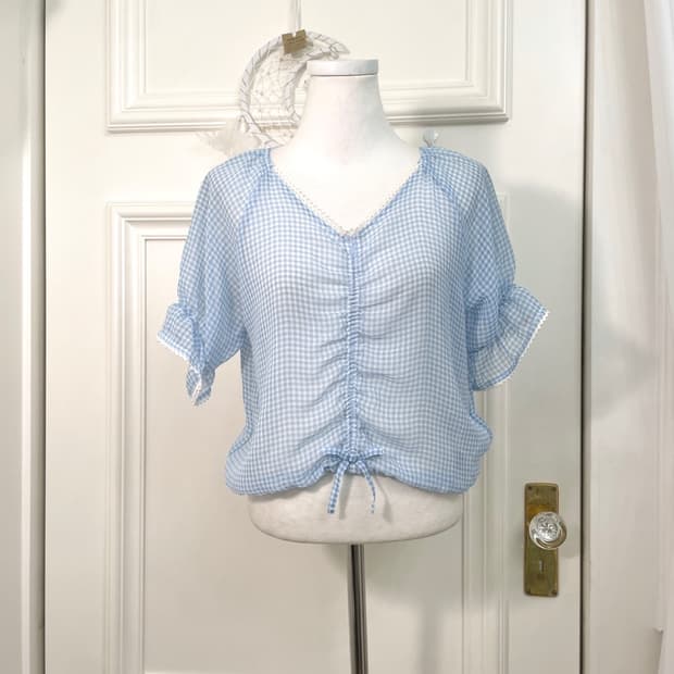 sky blue check shirring chiffon blouse