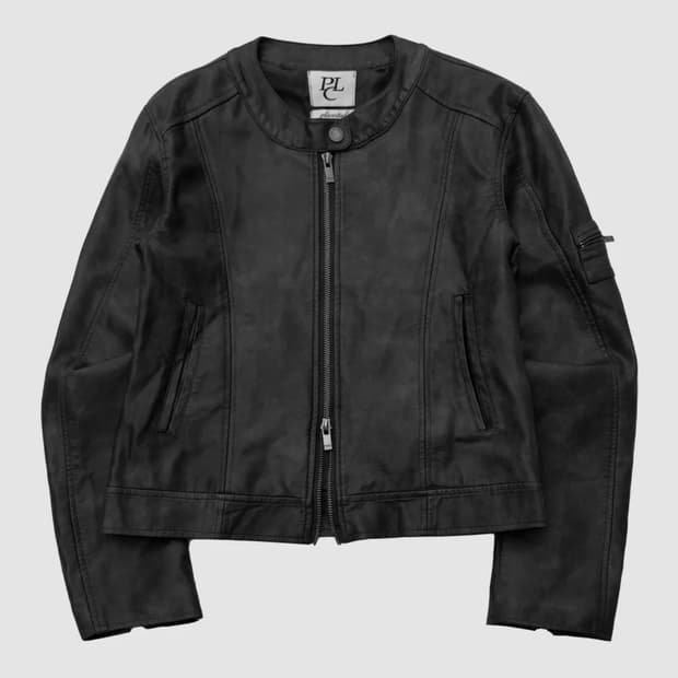 플레이스 스튜디오 레이싱 넥 버튼 슬림 라인 바이커 레더 라이더 자켓 