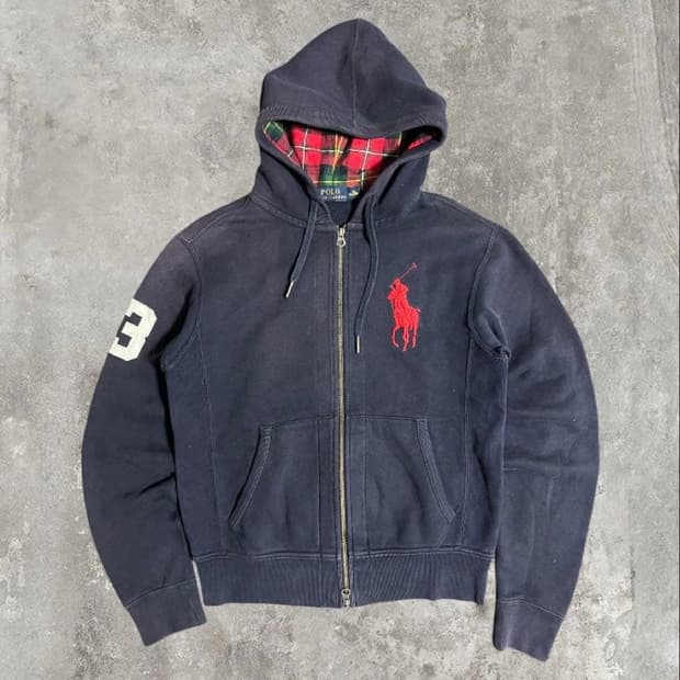 폴로 랄프 로렌 빅포니 레드 자수 체크 안감 투웨이 후드집업 네이비