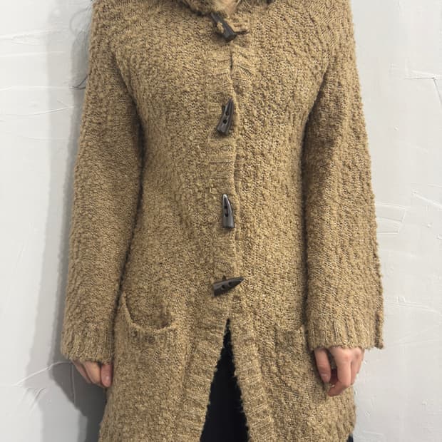 pink adobe fur hood knit cardigan