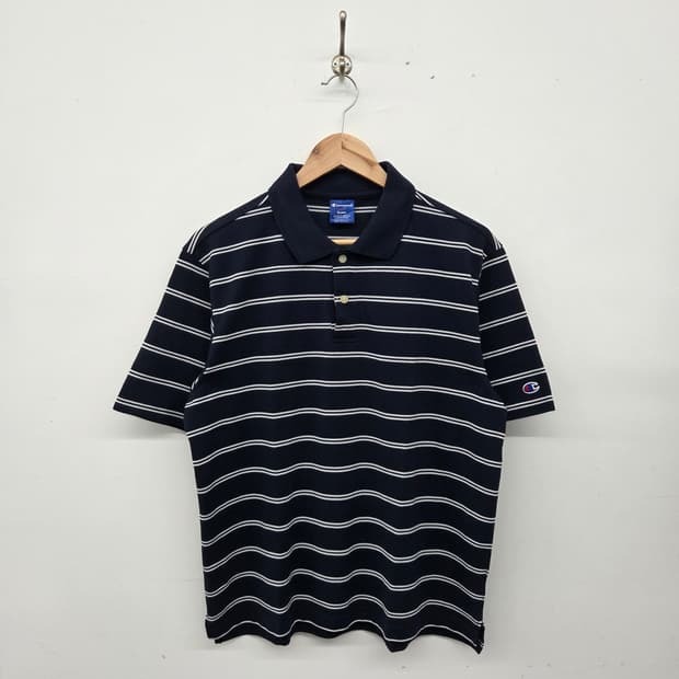 챔피온 스트라이프 반팔 카라티 네이비 남m
