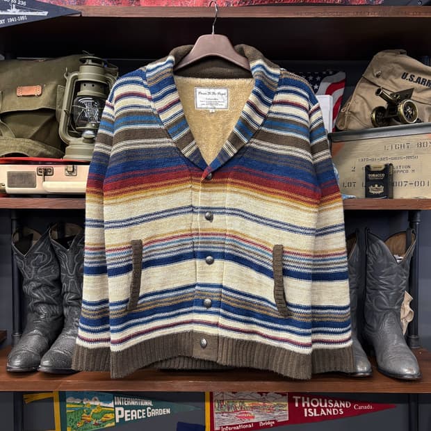 90s JPN 에스닉 자카드 스트라이프 보아라이닝 숄카라 가디건 N562