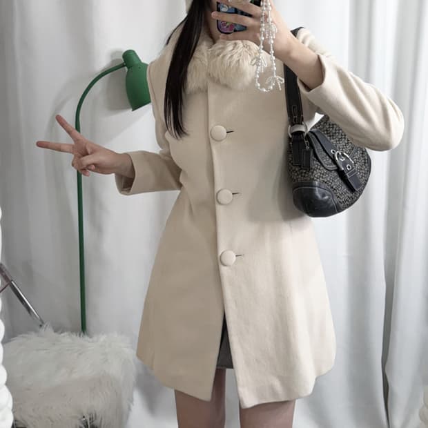 아이보리 앙고라 & 폭스퍼 롱 코트