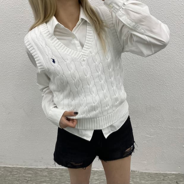 폴로 랄프로렌 네이비포니 화이트 꽈배기 니트조끼 S