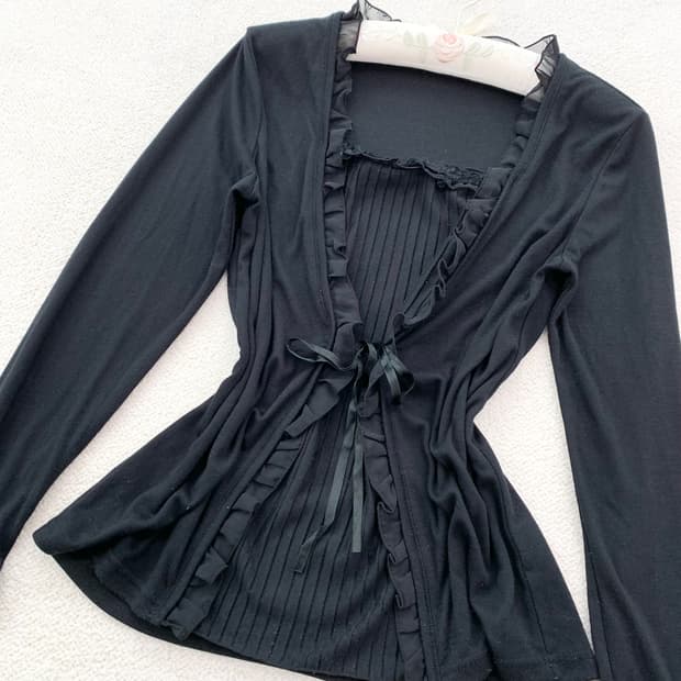 레이어드 ♥ 블랙 플리츠 리본 롱슬리브