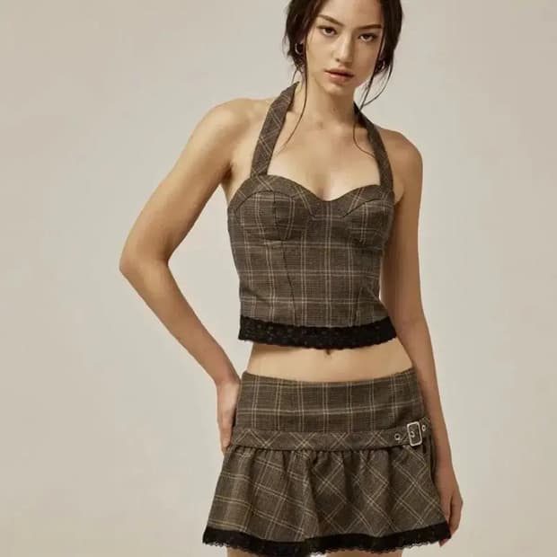 Threetimes 쓰리타임즈 엠마 홀터 탑 + 스커트 브라운