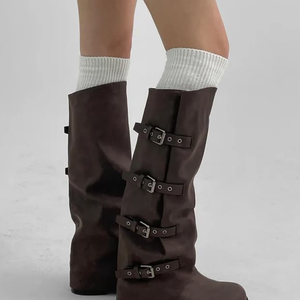 블랙업 타이쿱 버클 워머 레더 롱부츠