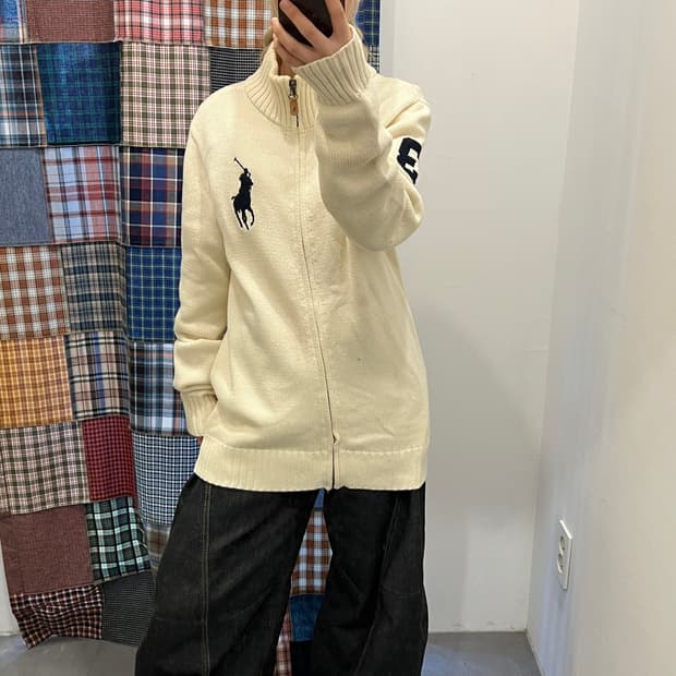 폴로 빅포니 크림 니트 집업