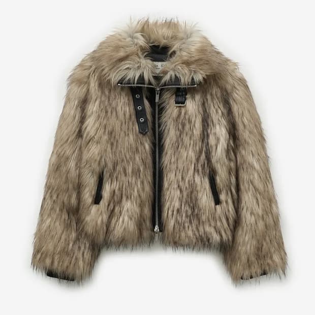 마뗑킴 넥버클 크롭 퍼자켓 베이지