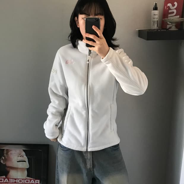 노스페이스 화이트라벨 핑크 로고 화이트 플리스 집업