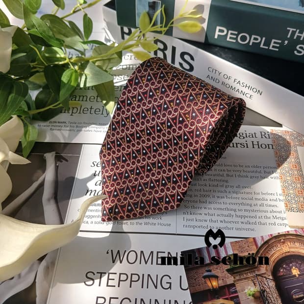 밀라숀 실크 브라운 기하 패턴 넥타이 8.5cm S~A+등급 e810
