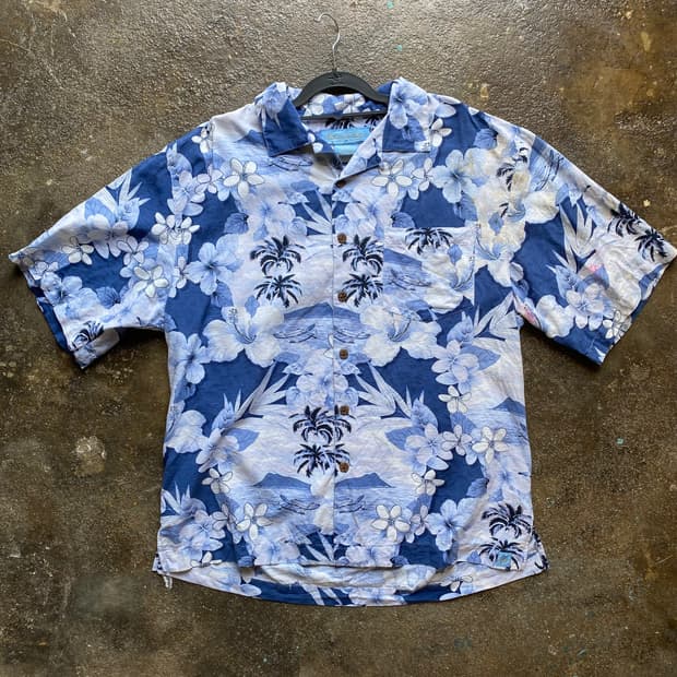 빈티지 하와이안 셔츠 블루 플라워