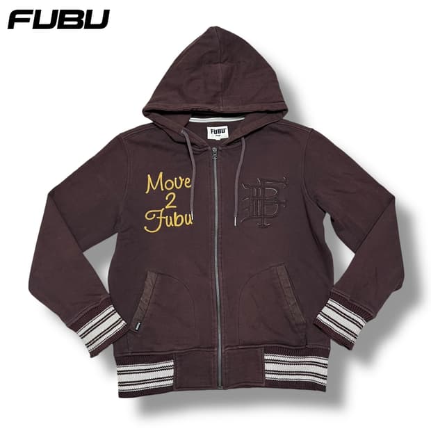 ⭐️유일매물⭐️ FUBU 푸부 브라운 코튼 니트 믹스 레터링 후드집업