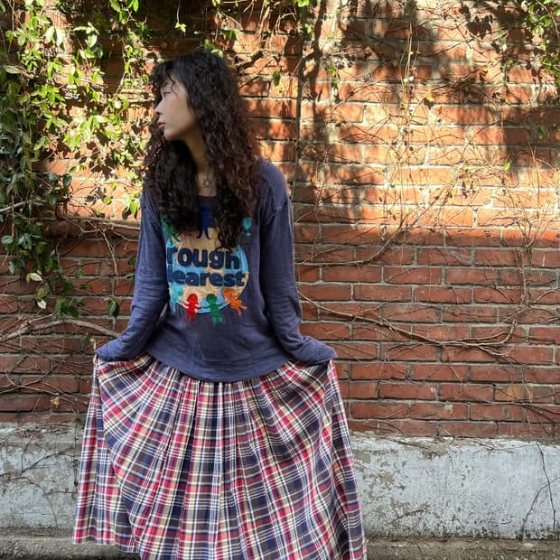 일본 무드 체크 패턴 롱스커트