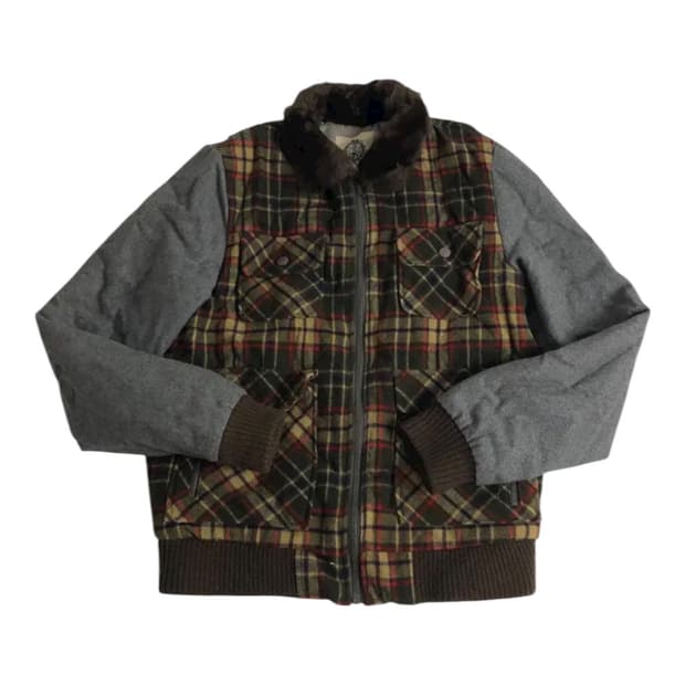 퍼 카라넥 플레이드 바시티 자켓