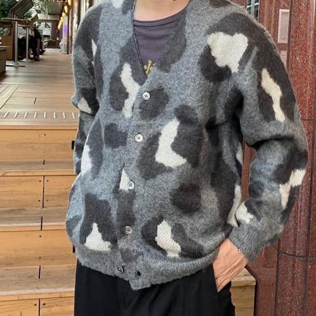 빔즈 그레이 모헤어 샤기 레오파드 가디건 L