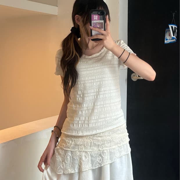 M)Clothing 빈티지 여성 꽃 레이스 디테일 반팔