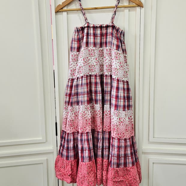 체크 패치 플라워 캉캉 롱원피스