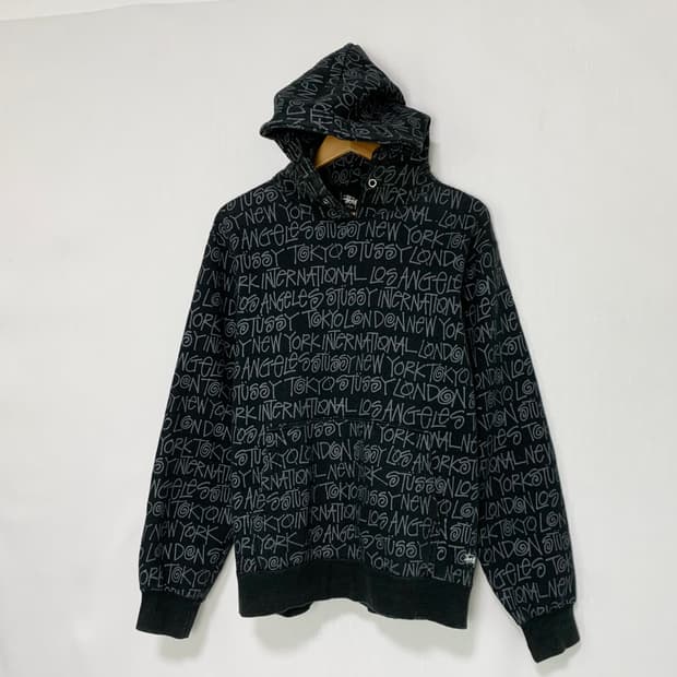 스투시 재팬 레터링 프린팅 기모 후드티 차콜 L 빈티지 남녀공용