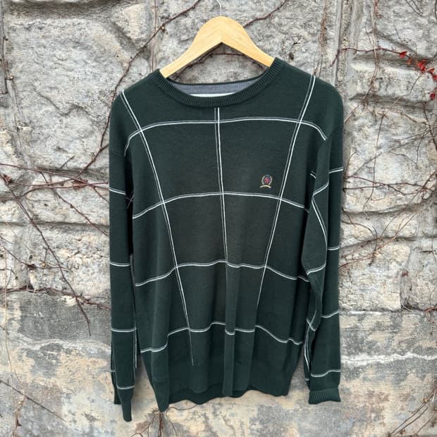 타미힐피거 빈티지 헤비 코튼 자수 로고 프레피룩 체크 패턴 니트 그린 m
