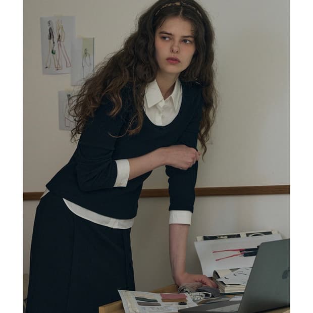 (새상품)(S) 드로우핏 우먼 포엠 레이어드 카라 셔츠 탑 [BLACK]