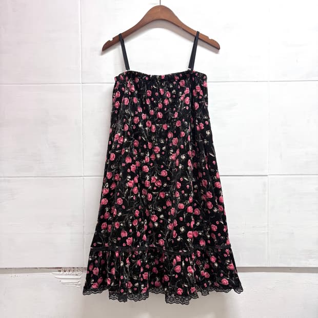 플라워 블랙 벨벳 레이스 슬립 원피스 JPN 