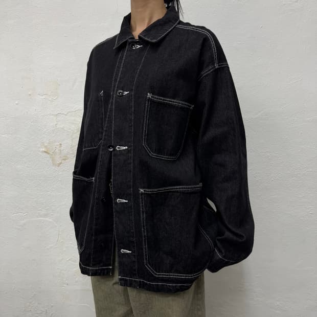센스오브플레이스 블랙컬러 워시드 4포켓 데님 커버올 자켓