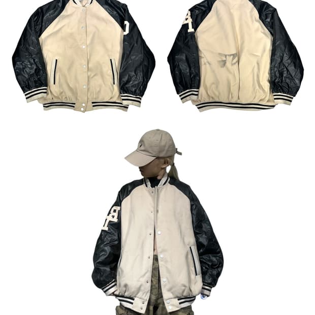 일본 빈티지 베이지 블랙 잠바 바시티 자켓 F 