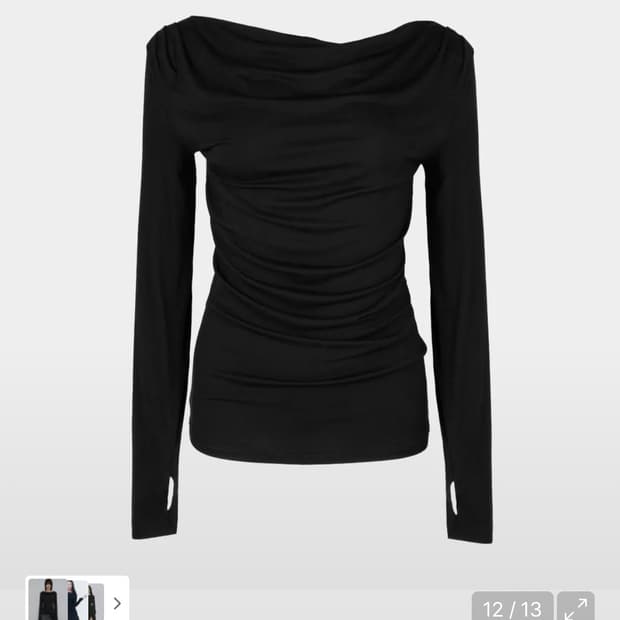 러프넥 드레이프 후드 롱 슬리브 탑 블랙