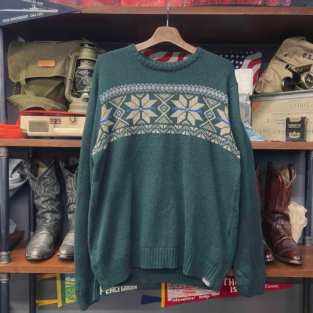 에디 바우어 눈꽃 패턴 레트로 라운드 넥 니트 스웨터 N504