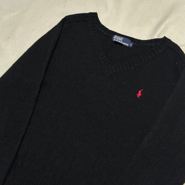L 폴로랄프로렌 여성용 브이넥 블랙 램스울 니트 