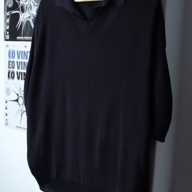 (L-2XL) 집시 반팔 카라 티셔츠 니트 브이넥 네이비-H31428