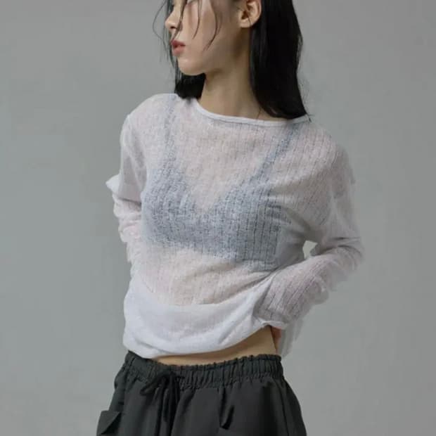 우화 SEE-THROUGH KNIT시스루 레이어드 티셔츠 화이트