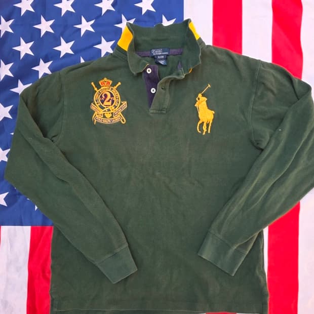 정품 폴로랄프로렌 빅포니 국기 카키 카라 롱슬리브 XL