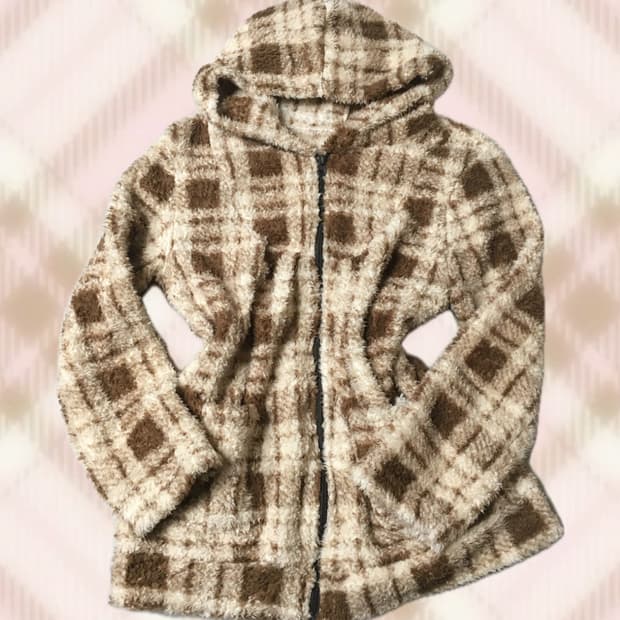 브라운 체크 후드집업 라떼 뽀글이 갸루 히메 러블리 로걀 빈티지