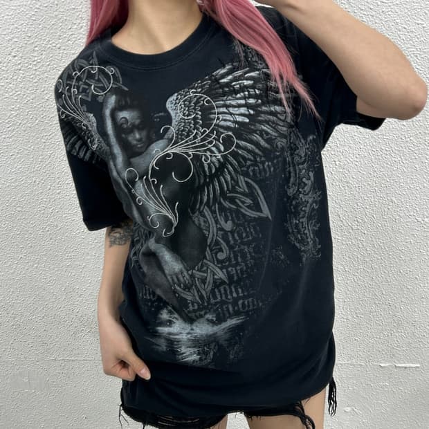 재팬 락시크맛 윙스 프린팅 블랙 반팔티 2XL