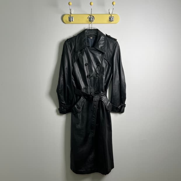 VTG 빈티지 블랙 레더 롱 트렌치코트
