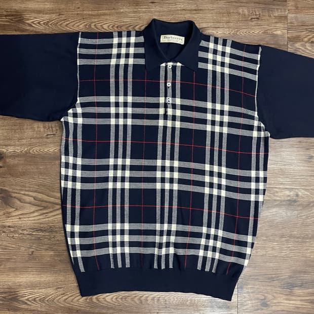 버버리 90s 노바체크 메리노울 카라넥 니트 네이비