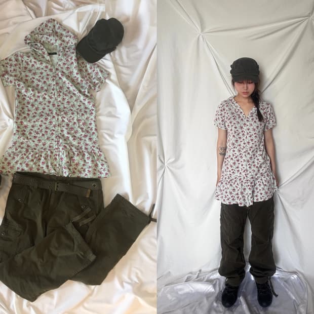 꽃 반팔후드 원피스