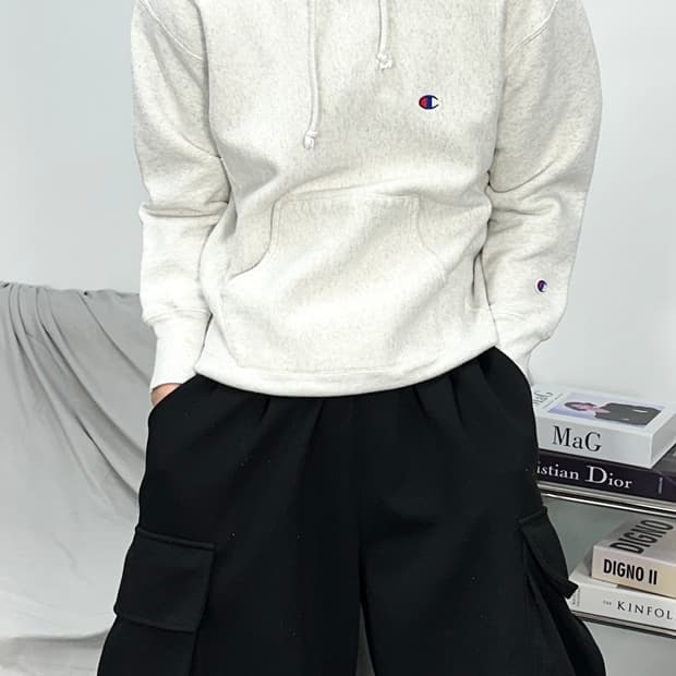 챔피온 리버스위브 멜란지 그레이 후드티 M