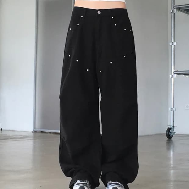 블랙 리벳 와이드 팬츠