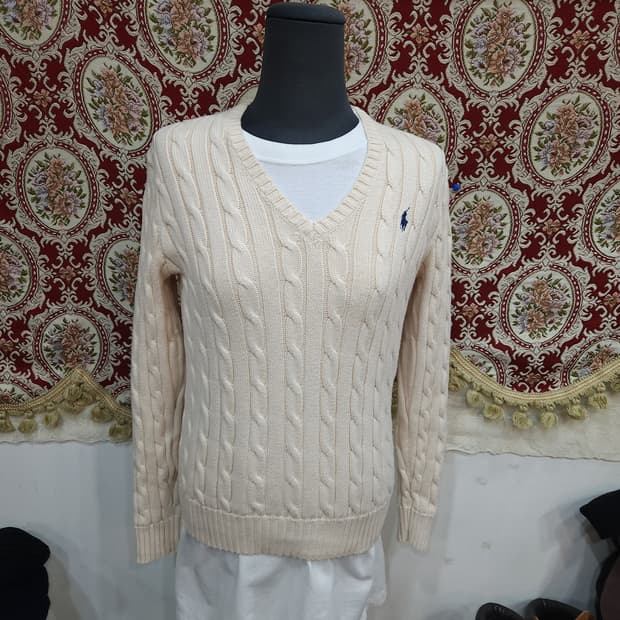 폴로 랄프로렌 연베이지 브이넥 꽈배기 코튼 니트

