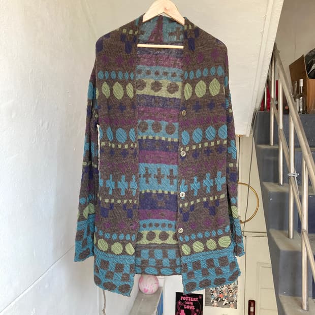 하구미 패턴 니트 롱 레이어드 가디건